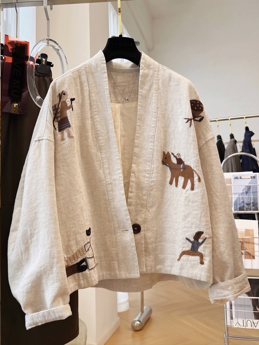 Casual Embroidered Linen And Cotton Cardigan