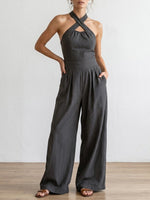 Women's Cross-neck Halter Design Cotton-linen Jumpsuit