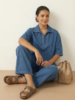 Women's Casual 100% Cotton Denim Top And Wide-leg Pants Two-piece Set