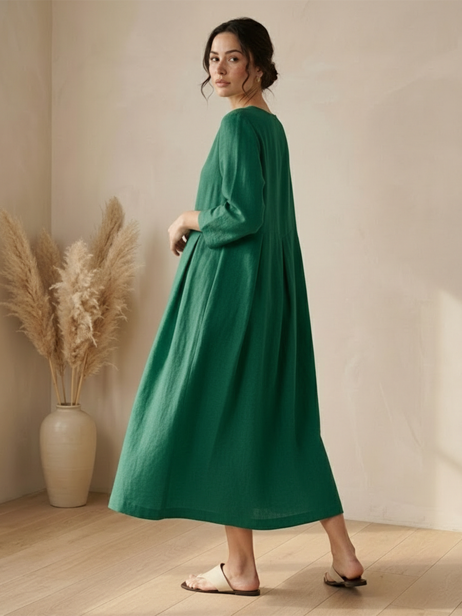 Womens Linen Bateau Neck Pleated Maxi Dress