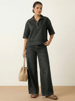 Women's Casual 100% Cotton Denim Top And Wide-leg Pants Two-piece Set