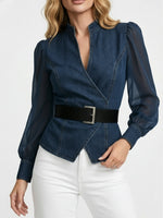 Women's Elegant Slim-fitting Denim Blue Top with Organza Sleeves