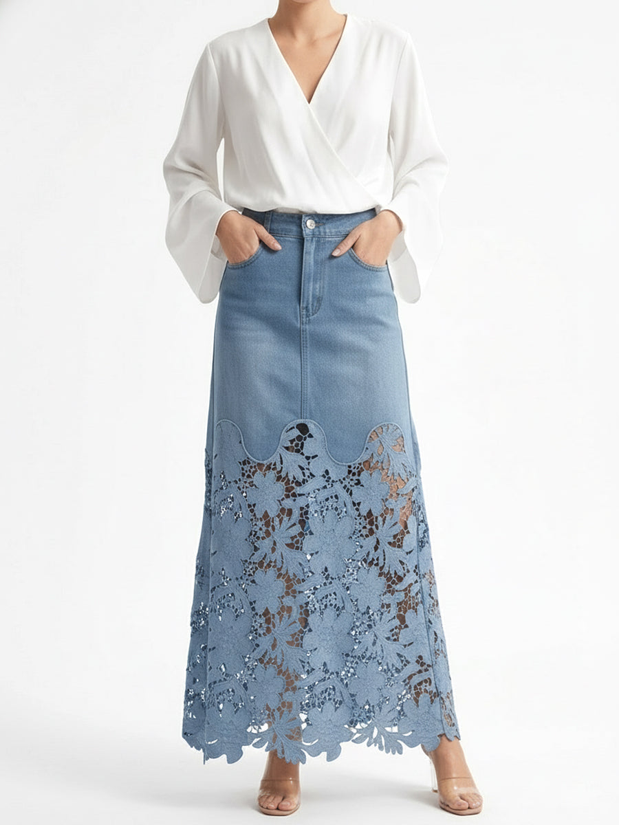 Floral Blue Denim Skirt Spring Lace Skirt for Women