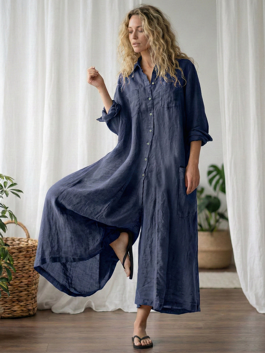 Women’s Relaxed-Fit Linen Button-Down Long-Sleeve Jumpsuit