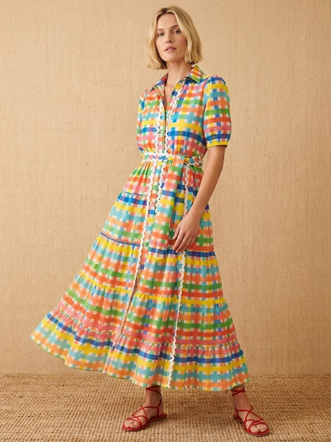 Colorful Square Art Print Collared Shirt Dress