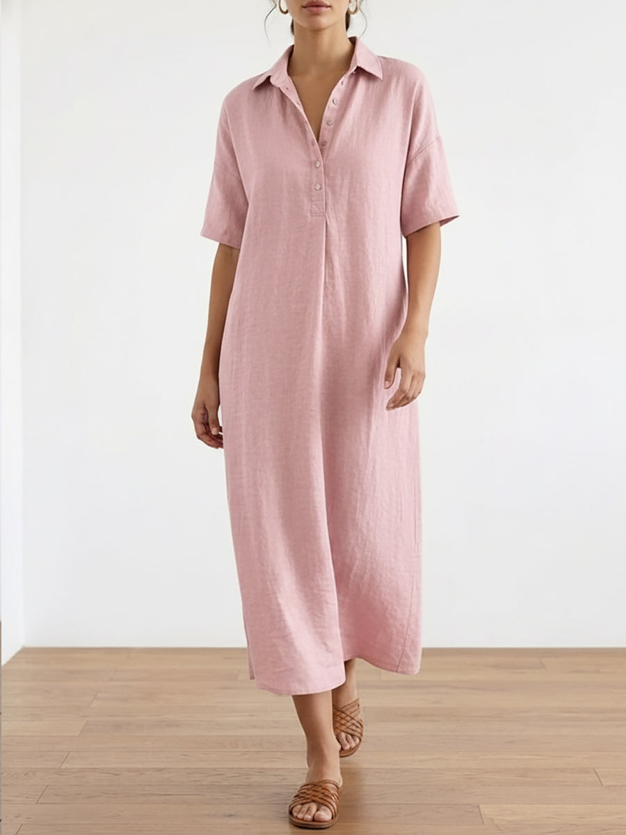 Casual Polo Collar Linen And Cotton Short-sleeved Dress