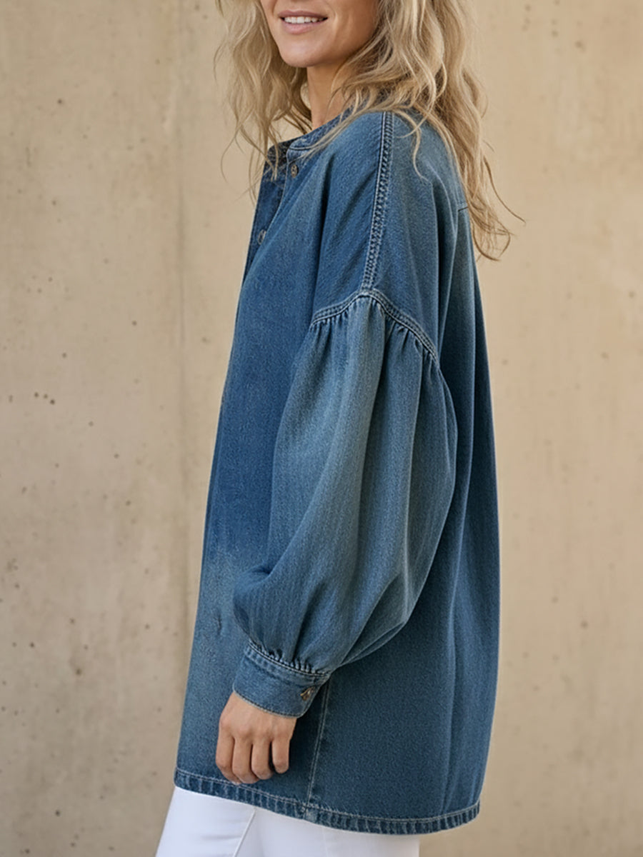 Fiorachic Women's V-neck Long-sleeved Casual Loose Denim Top