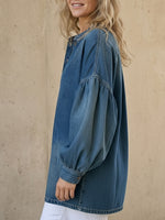 Fiorachic Women's V-neck Long-sleeved Casual Loose Denim Top