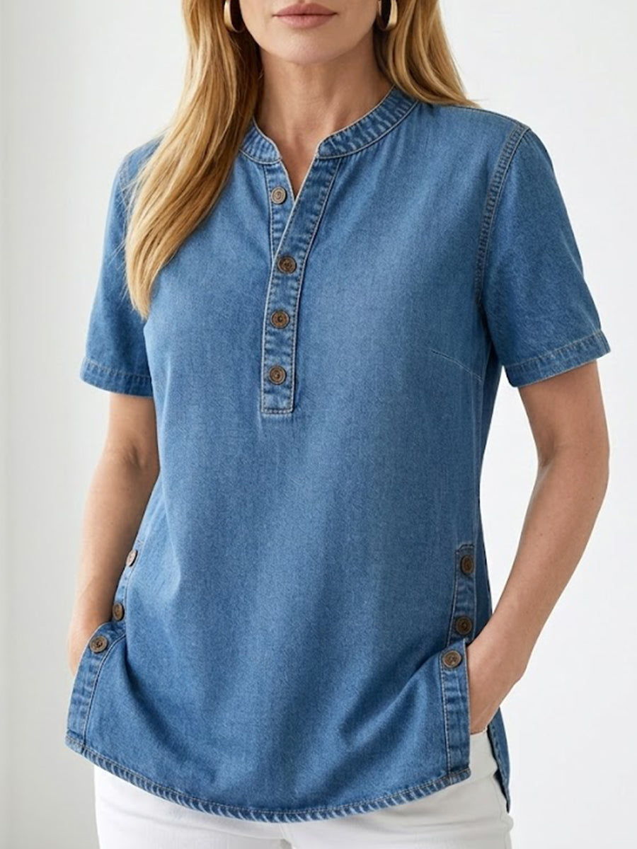 Women's Loose Denim Top - V Neck Short Sleeve Casual Button Up Cotton Blouse