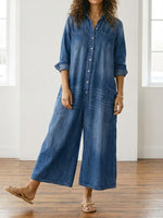Womens Washed Dark Denim Pocket Button Down Jumpsuit