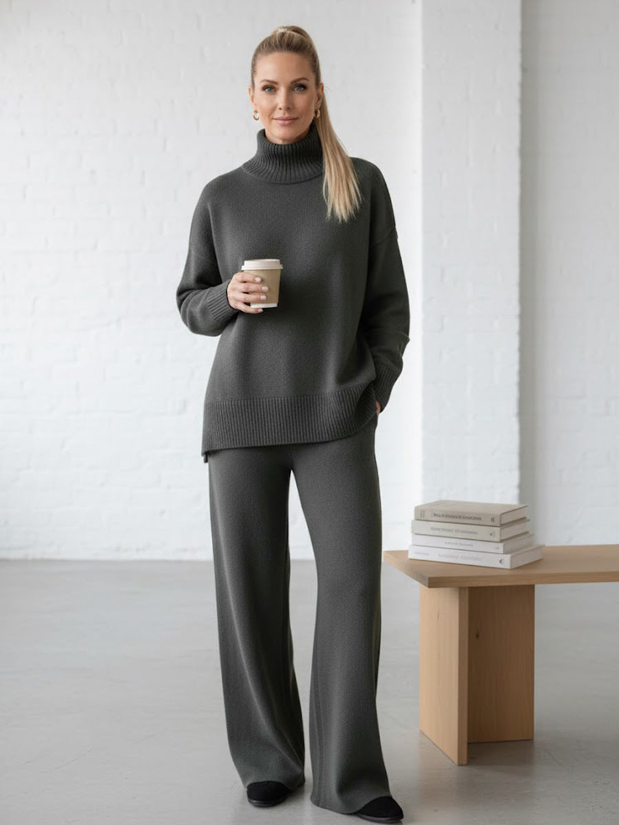 Casual Travel Stand Collar Side Zipper Top Straight Pants Two-Piece Set