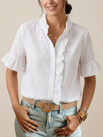 Vertical-striped Seersucker Short-sleeve Shirt With Ruffled Details
