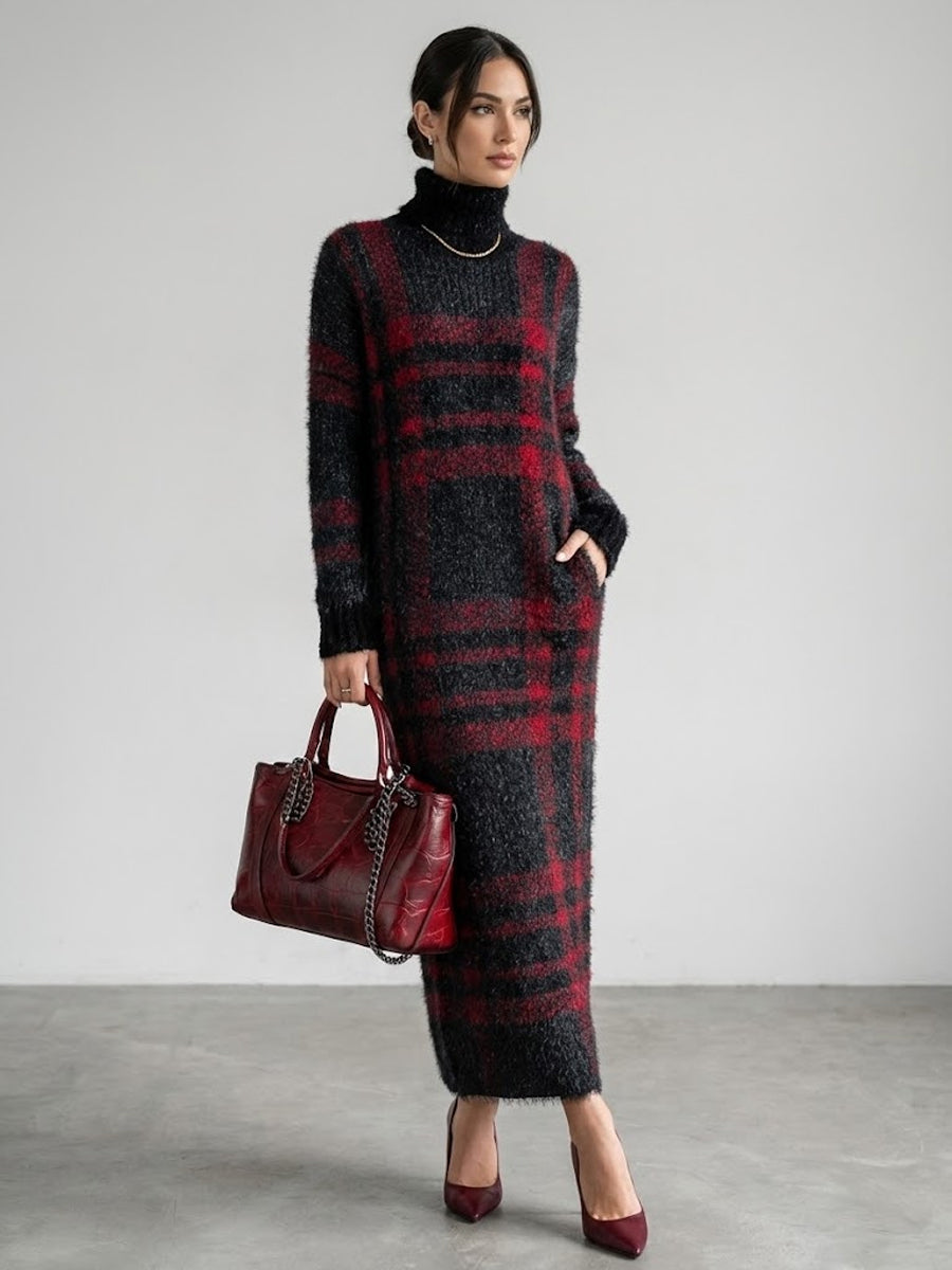 Women’s Loose Red & Black Plaid High-Collar Maxi Dresses