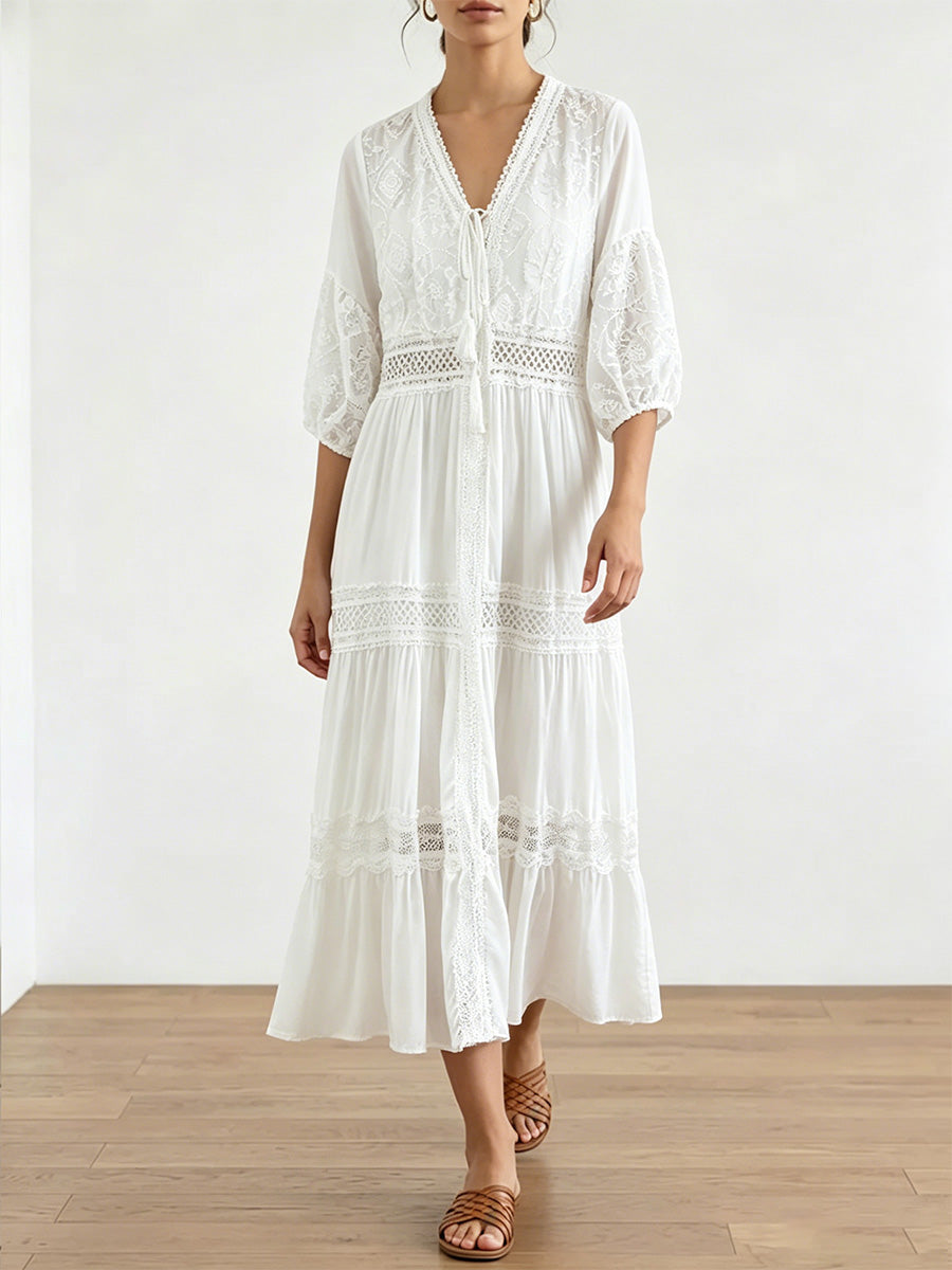 Mid-sleeve Openwork Embroidered Dress