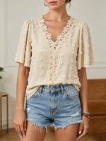 Stylish & Elegant V-neck Swiss Dot Blouse With Lace Trim — Short-sleeve Casual Top