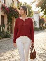 Women's Soft Solid Color Henley CollarSweater Top