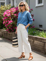 Women's V-neck Long-sleeved Casual Button-up Loose Denim Top