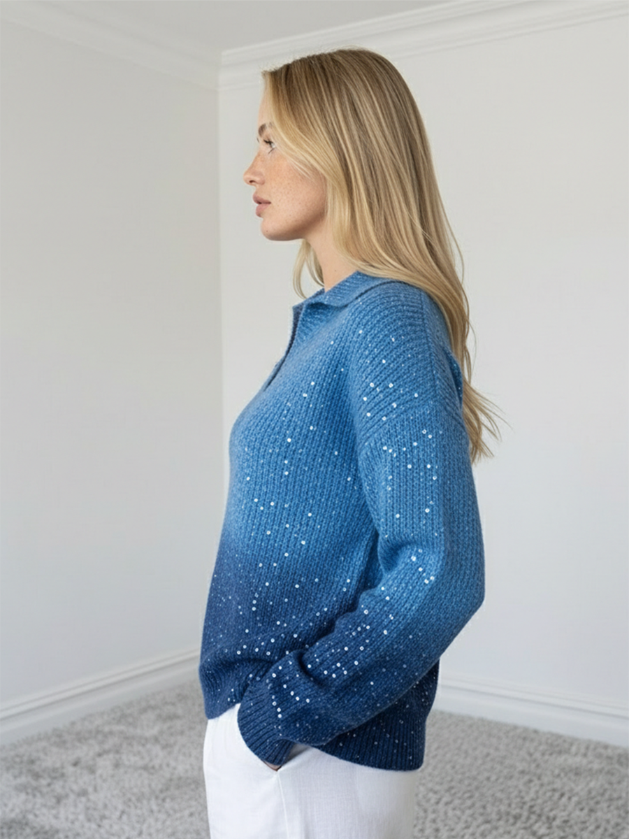 Women's Dreamy Starry Sky Gradient Polo Collar Knit Sweater Top