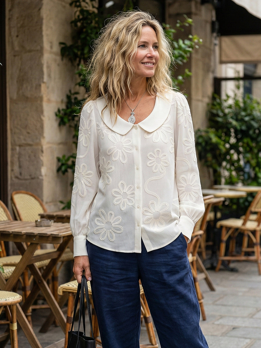 Vintage Peter Pan Collar Embroidered Floral Button-Up Shirt