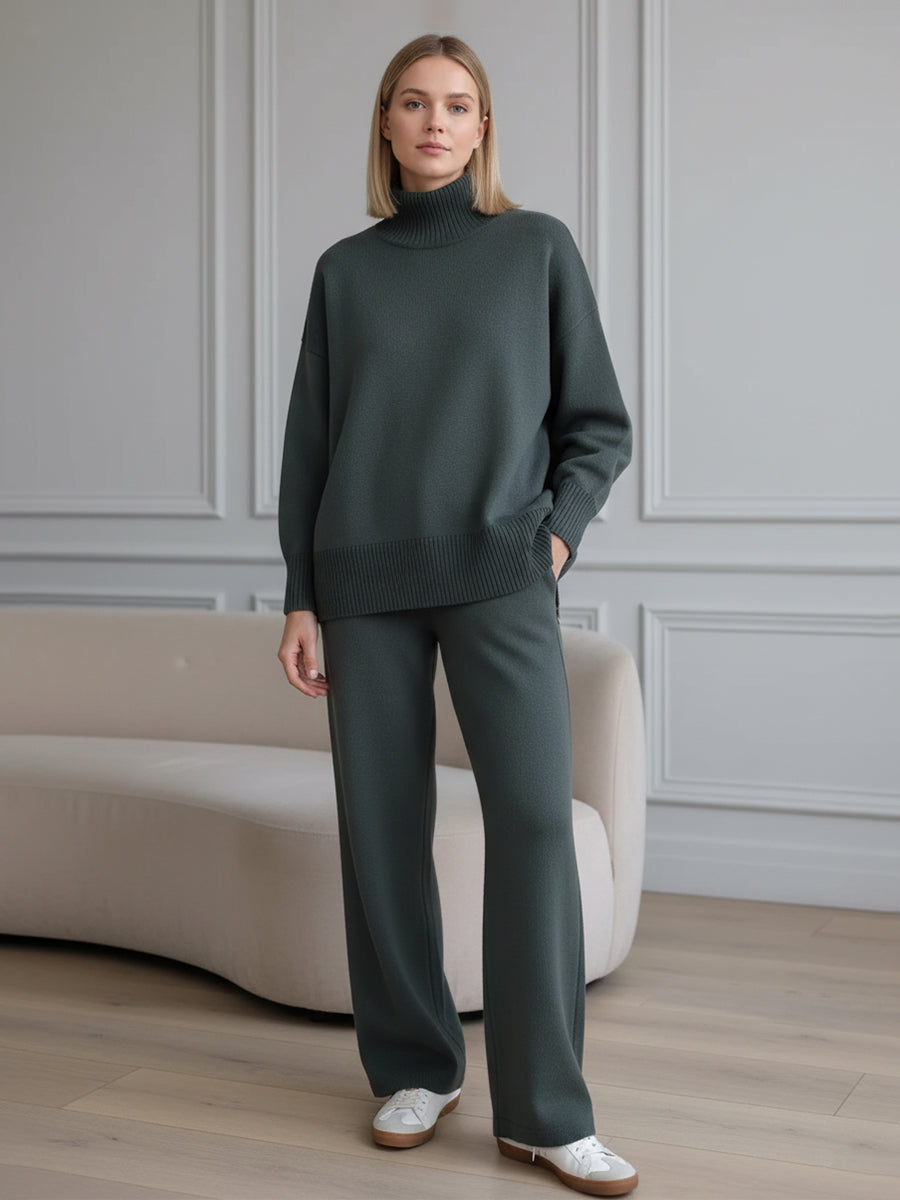 Casual Travel Stand Collar Side Zipper Top Straight Pants Two-Piece Set