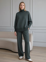 Casual Travel Stand Collar Side Zipper Top Straight Pants Two-Piece Set