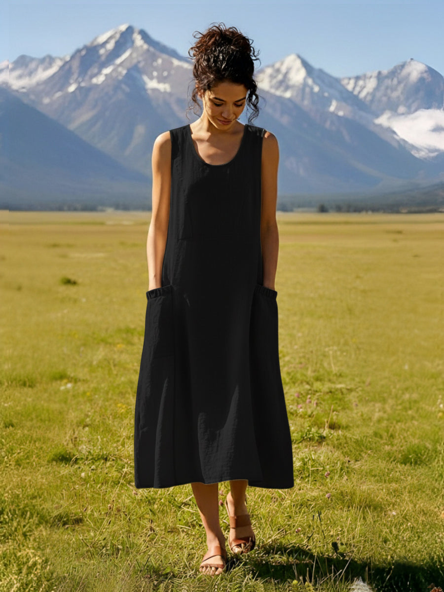 Linen Swing Beach Tank Dress Charcoal Black / S