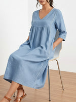 Casual Loose-fitting Patchwork Lace Trim Linen And Cotton Dress
