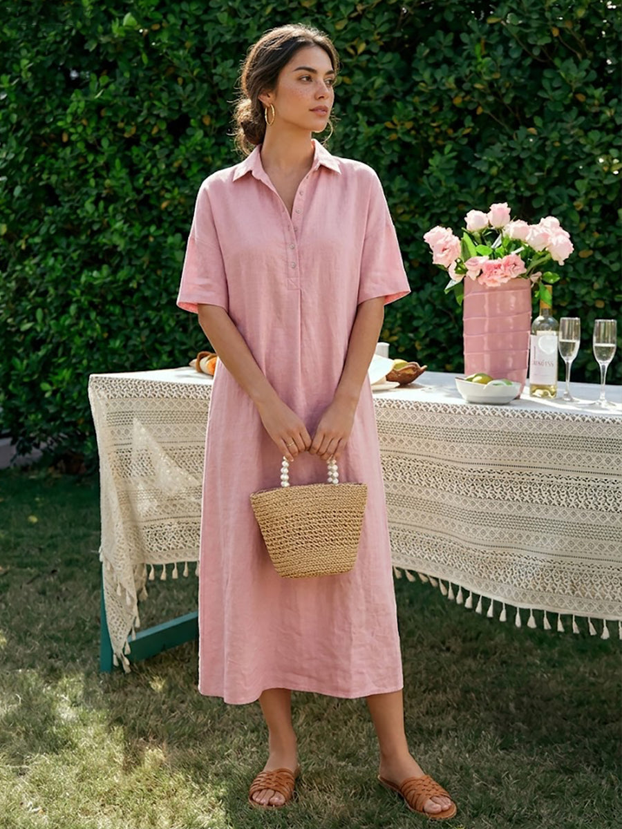 Casual Polo Collar Linen And Cotton Short-sleeved Dress