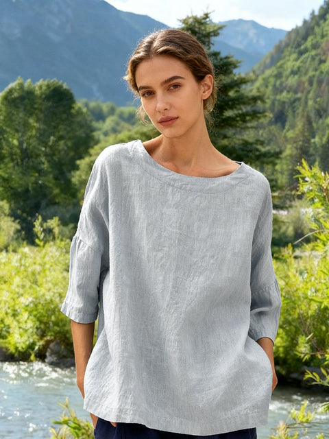 Linen Boatneck 3/4 Length Sleeve Top Blue / S