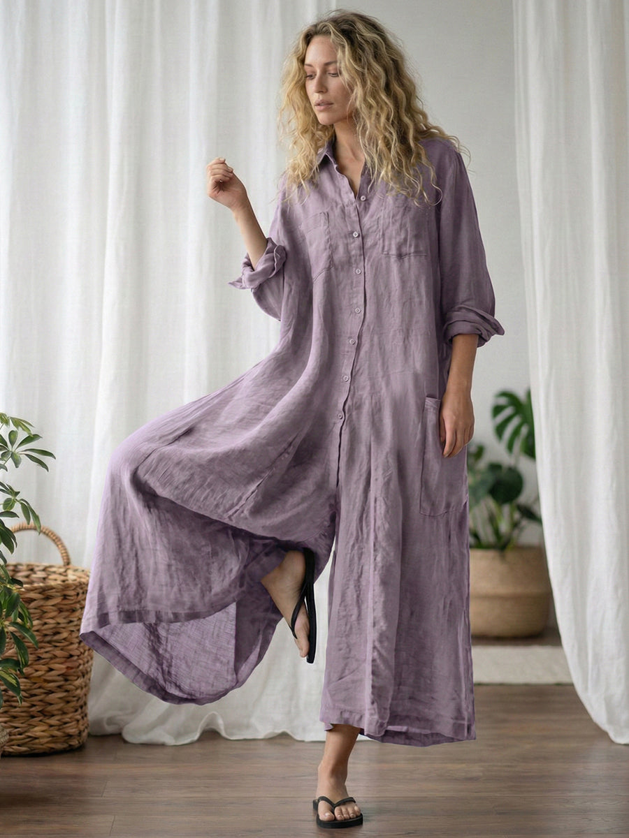 Women’s Relaxed-Fit Linen Button-Down Long-Sleeve Jumpsuit