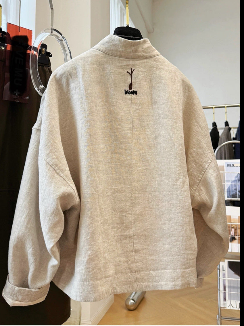 Casual Embroidered Linen And Cotton Cardigan