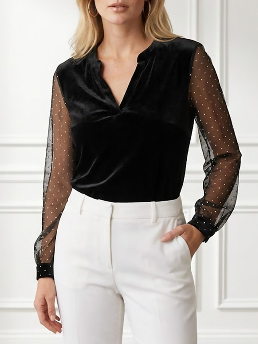 Women's V-Neck Lace-Panel Long-Sleeve Velvet Top