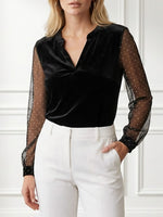 Women's V-Neck Lace-Panel Long-Sleeve Velvet Top