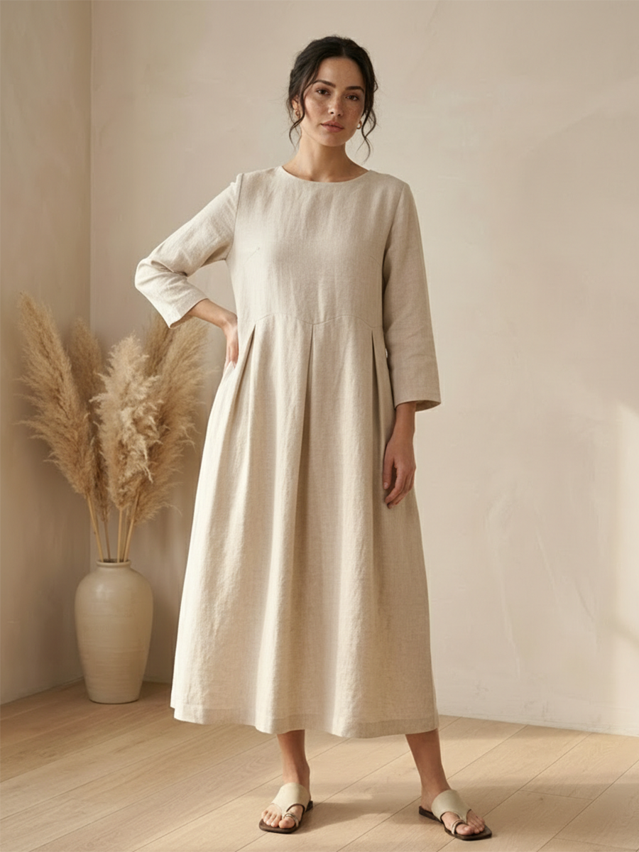 Womens Linen Bateau Neck Pleated Maxi Dress