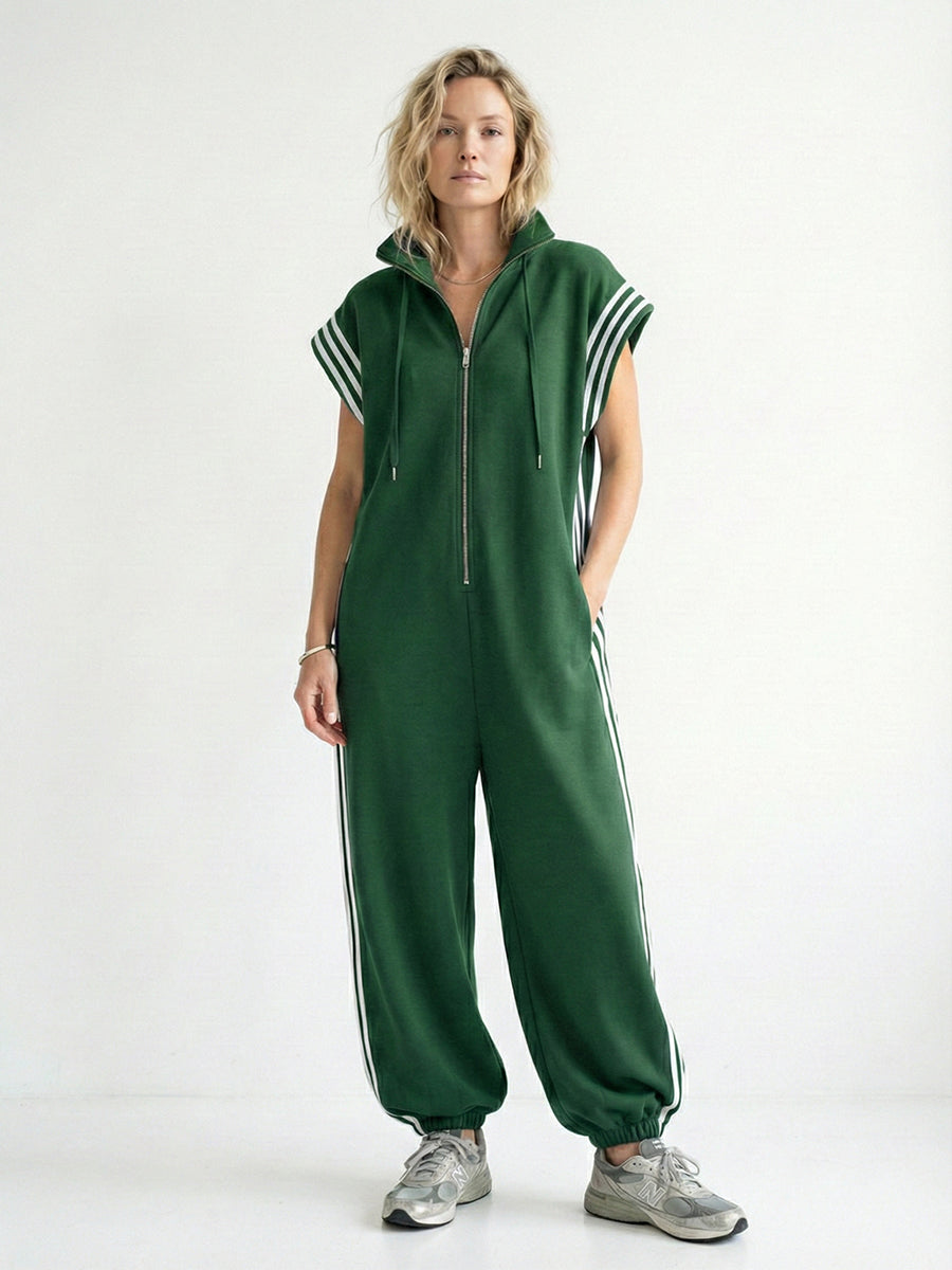 Women's Stand Collar Short Sleeve Cotton Wide-Leg Jumpsuit – Casual Loose Fit