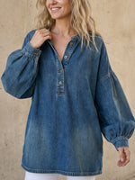 Fiorachic Women's V-neck Long-sleeved Casual Loose Denim Top