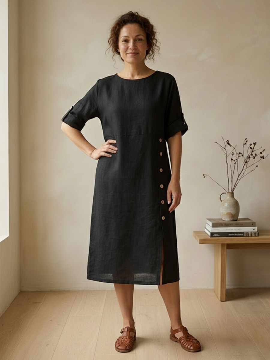 Women's Linen Round Neck Button Detail Midi Dress