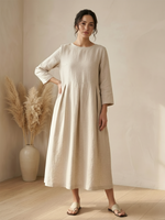 Womens Linen Bateau Neck Pleated Maxi Dress