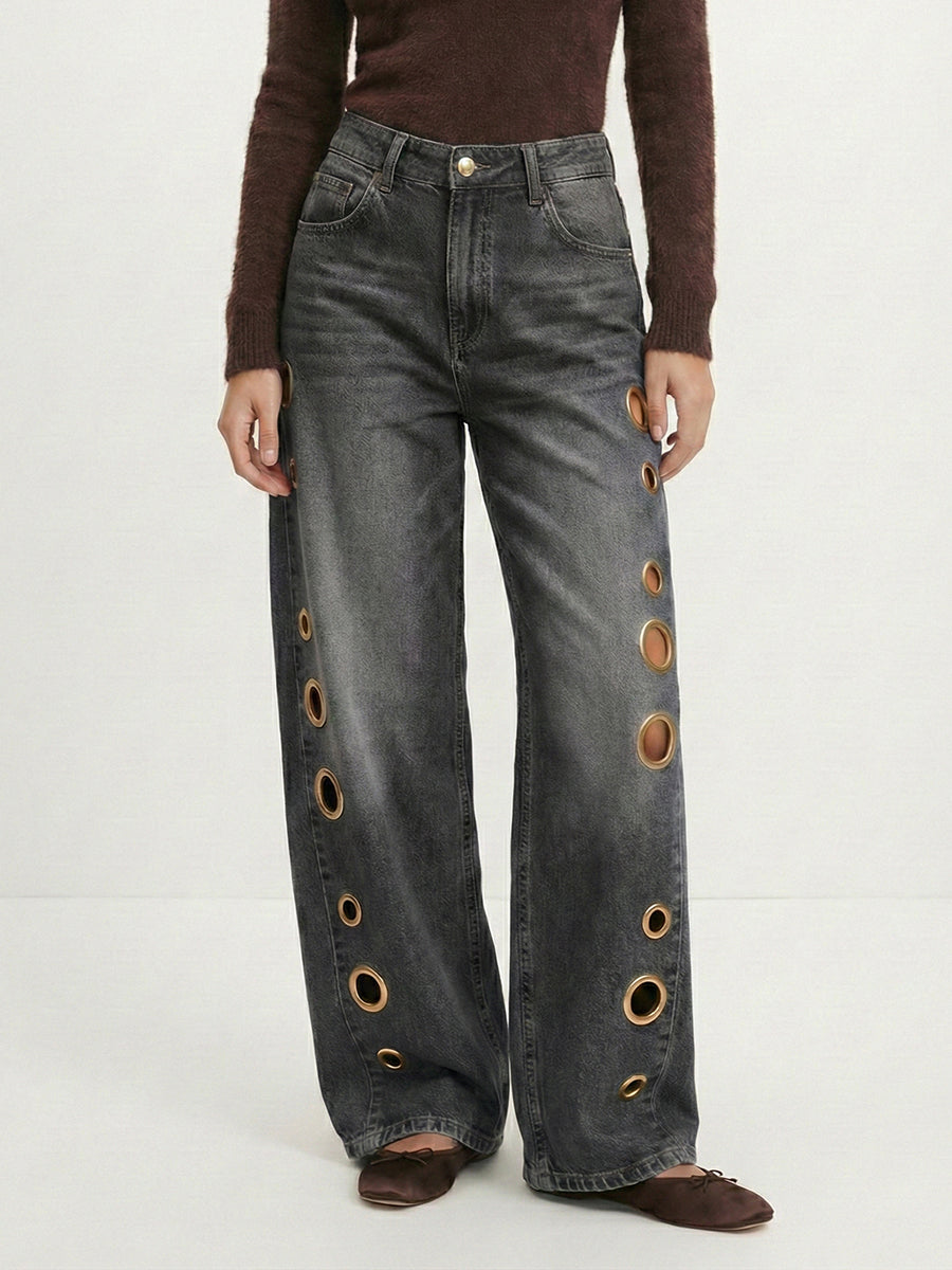 Women’s High-Waisted Wide-Leg Jeans with Side Grommet Details