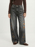 Women’s High-Waisted Wide-Leg Jeans with Side Grommet Details