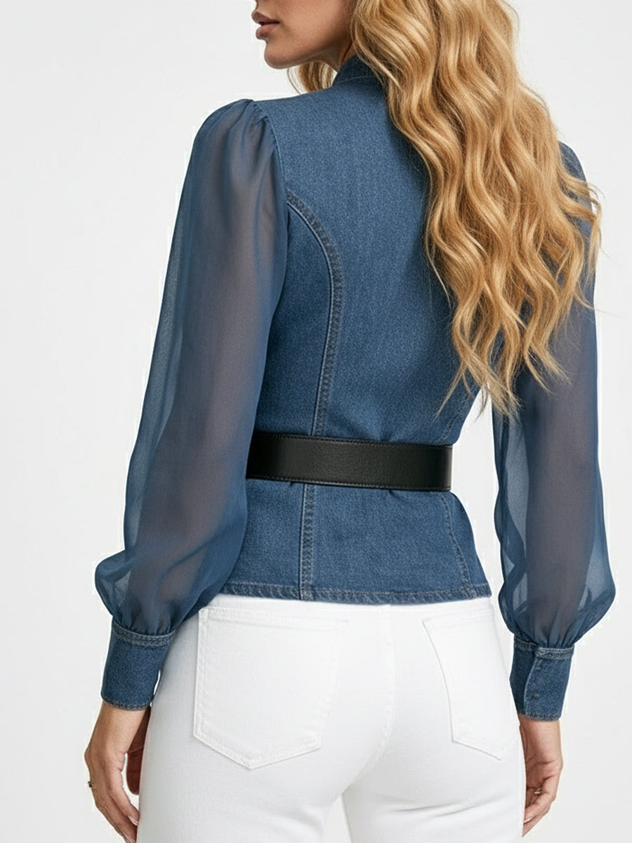 Women's Elegant Slim-fitting Denim Blue Top with Organza Sleeves