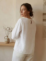 Women's Solid-color Cotton-linen Casual Mid-sleeve Shirt With Lace Cutout Details