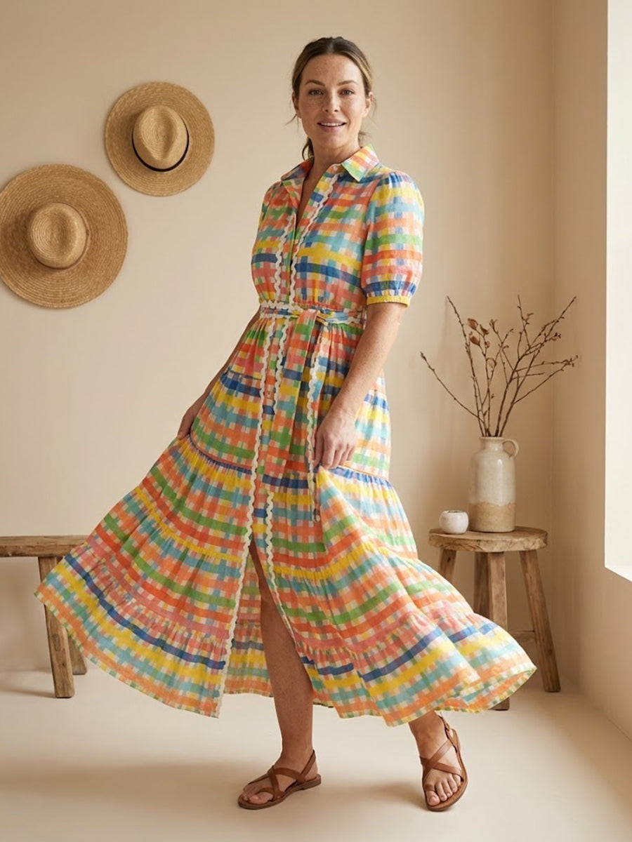 Colorful Square Art Print Collared Shirt Dress
