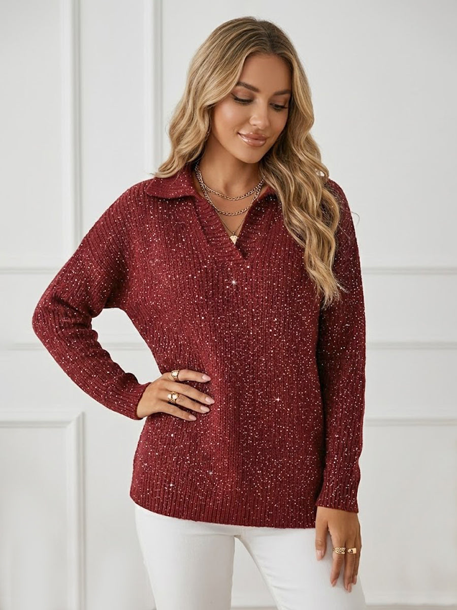 Christmas Party Polo Collar Shiny Loose Sweater Top