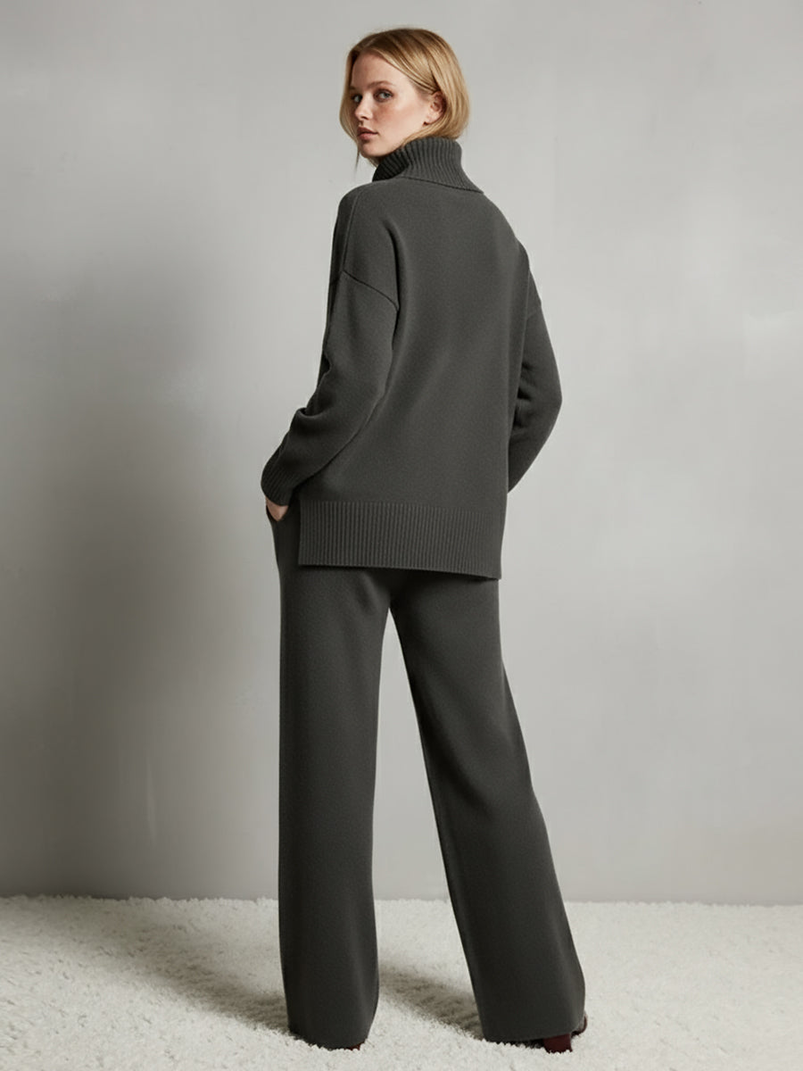 Casual Travel Stand Collar Side Zipper Top Straight Pants Two-Piece Set