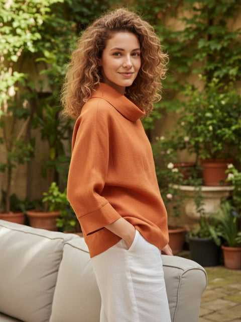 Linen Dropped Collar Long-Sleeve Top