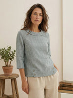 Women's Linen Gingham Checked Round Soft-Fold Collar Top