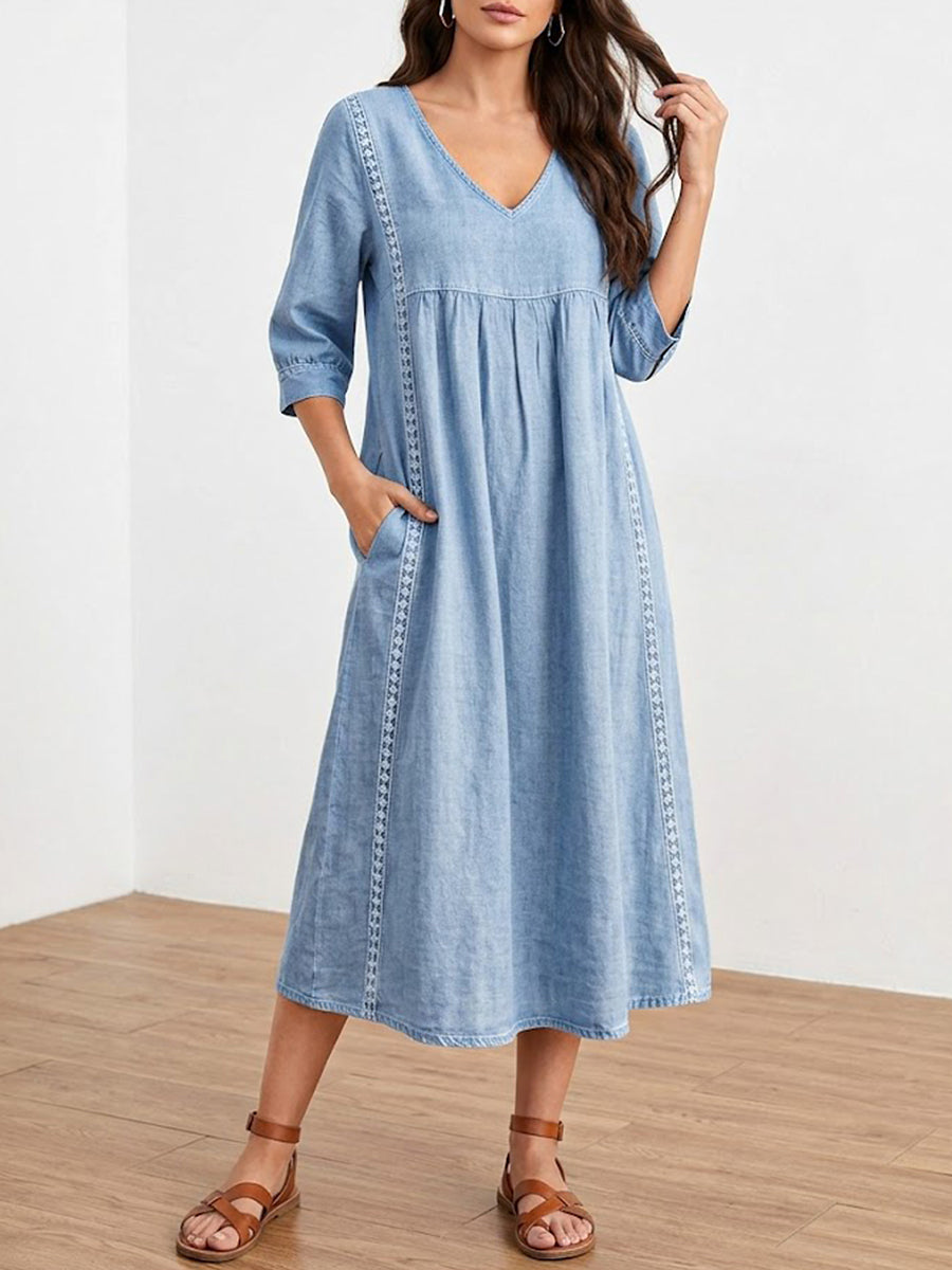 Casual Loose-fitting Patchwork Lace Trim Linen And Cotton Dress
