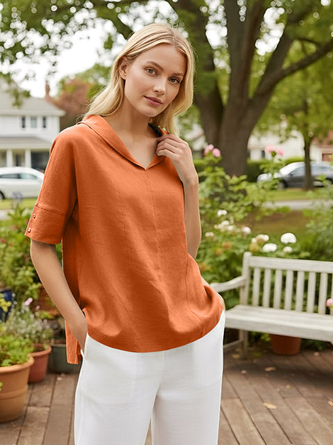 Linen V-Neck Short Sleeve Shirt Orange / S