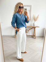 Women's V-neck Long-sleeved Casual Button-up Loose Denim Top